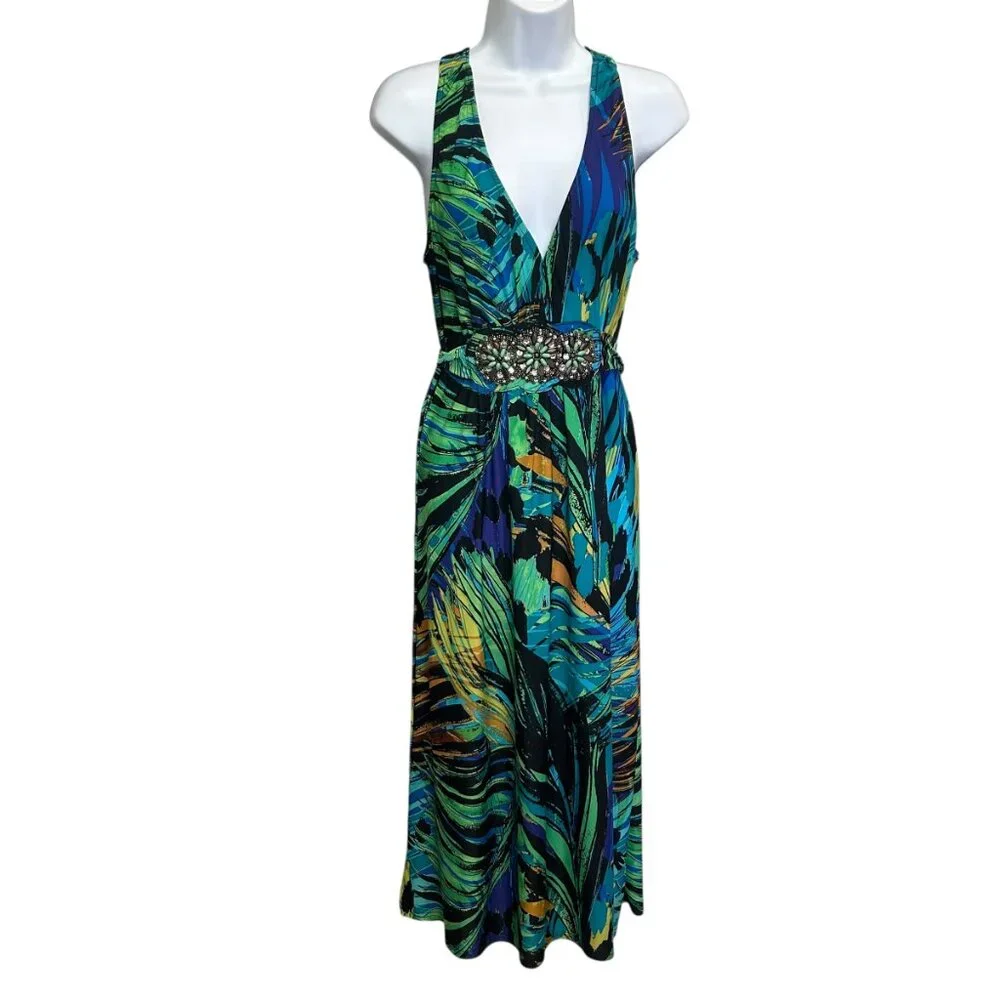 DJ Summers Tropical Leaf Flowy Maxi Dress Size 8 - Picture 2 of 7
